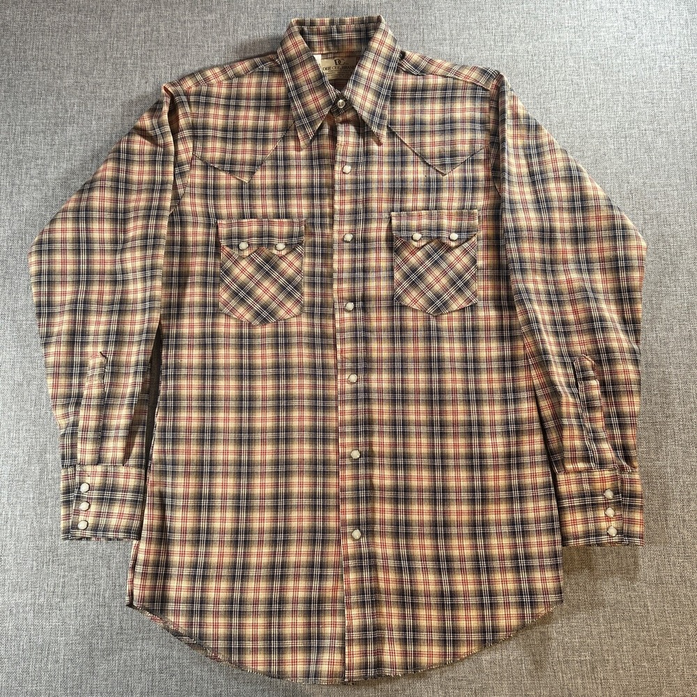 VTG Dee Cee Brand Shirt Mens 15x33 Med Pearl Snap LS Plaid Western Chambray READ